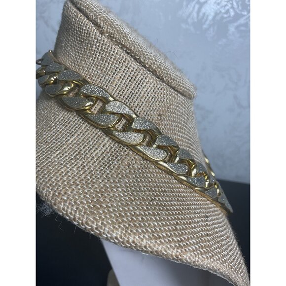 Chunky Gold Tone Cuban Link Chain Necklace Glitter Accents Statement Jewelry - Picture 3 of 4